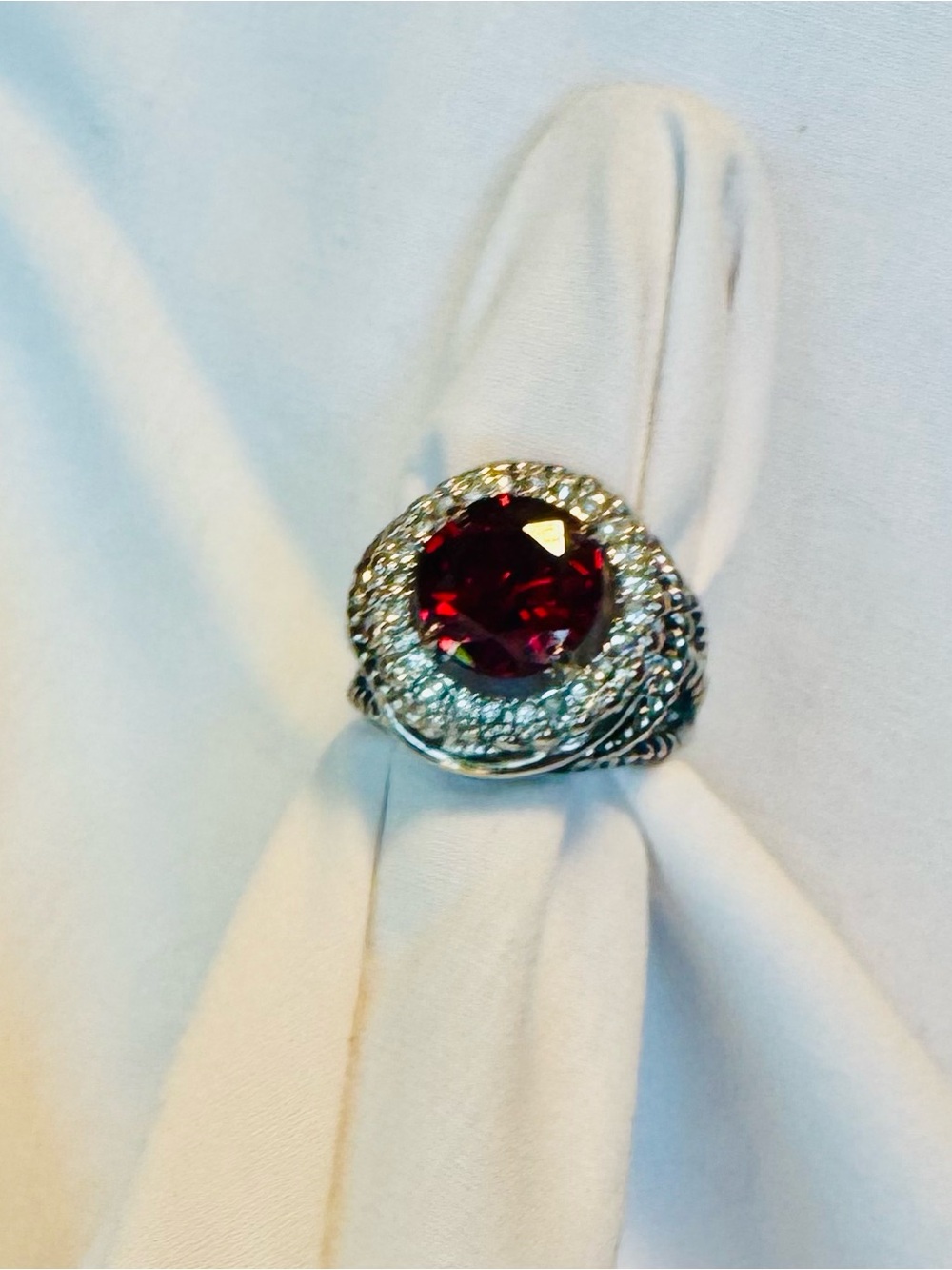 Silver Tone Women’s Cocktail Ring with Deep Red Center Stone